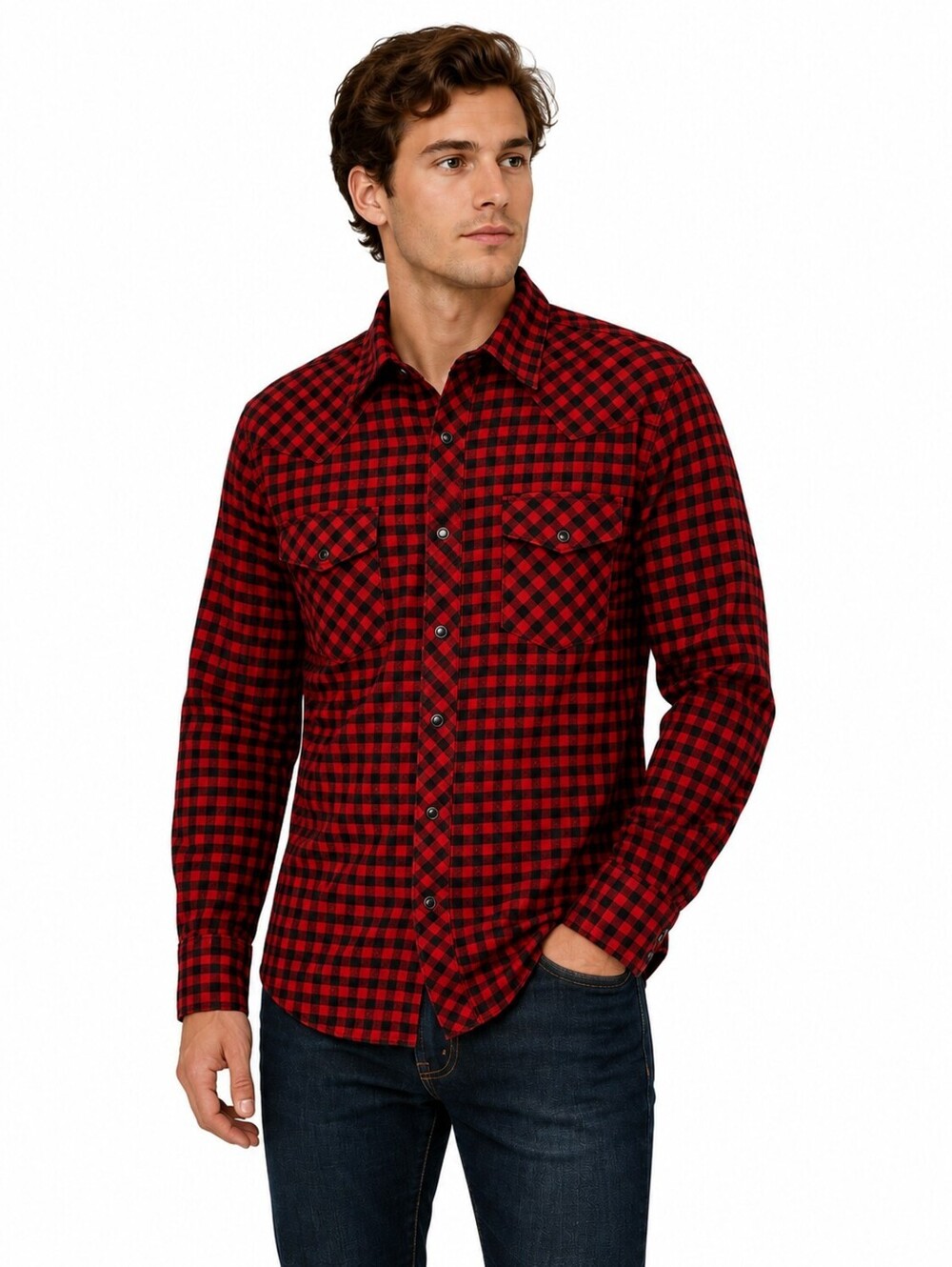 Silver Jeans Men’s Western Shirt Red Black Buffalo Plaid Cotton Snap Button- L